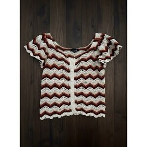 Crochet Button Up Top Butterfly Sleeves Fall Colors Size Large Boho Hippie